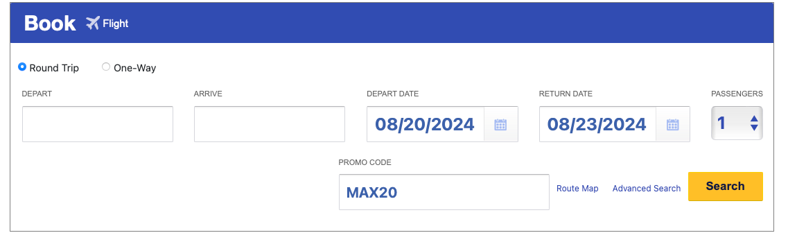 Screenshot of Southwest flight booking interface